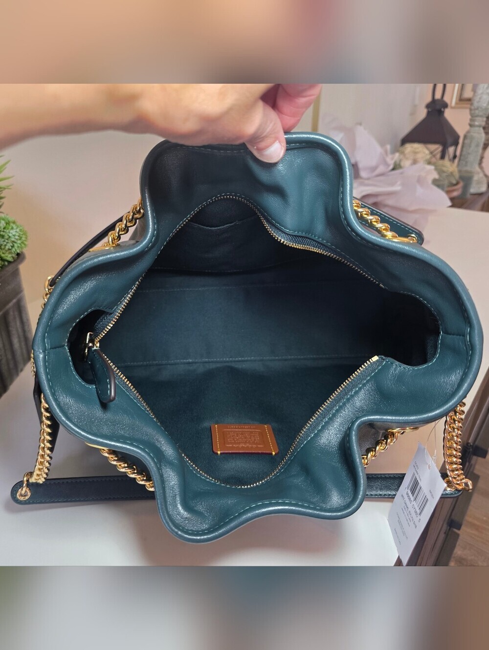 Coach Evelyn Shoulder Bag Dark Teal Smooth Leather Gold Chain- NWT - Picture 10 of 13